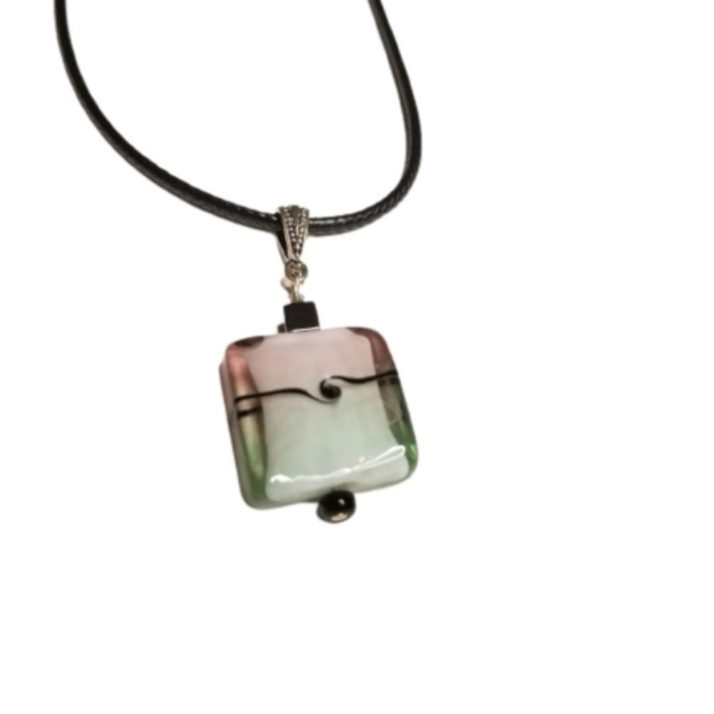 Colorful Square Pendant on Black Cord Necklace